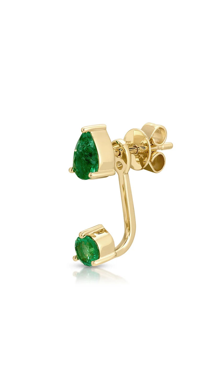 product shot of EF-Collection Single Emerald Pear and Round Illusion Stud Earring in yellow gold on white background