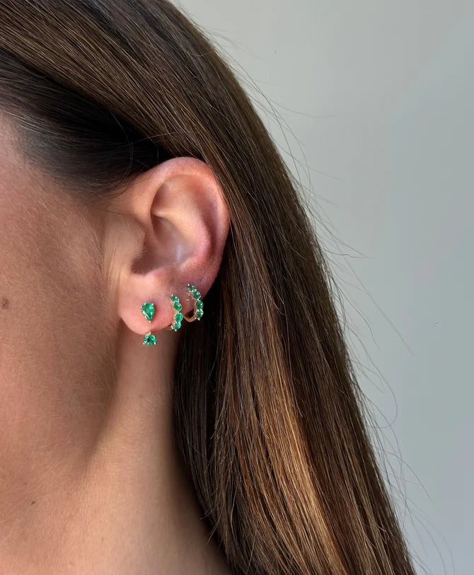 EF-Collection Emerald Pear and Round Illusion Stud Earrings in yellow gold on styled on model