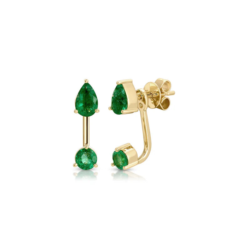 EF-Collection Emerald Pear and Round Illusion Stud Earrings in yellow gold on white background 