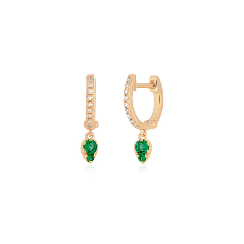 EF Collection Emerald Teardrop Diamond Mini Huggie Earring in rose gold on a white background. 