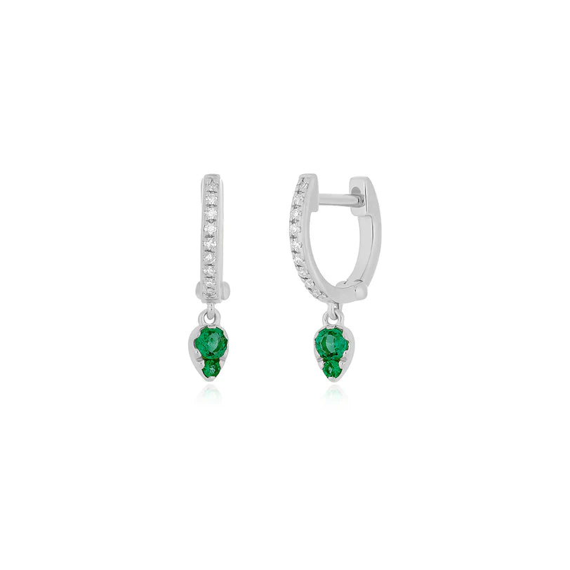 EF Collection Emerald Teardrop Diamond Mini Huggie Earring in white gold on a white background. 