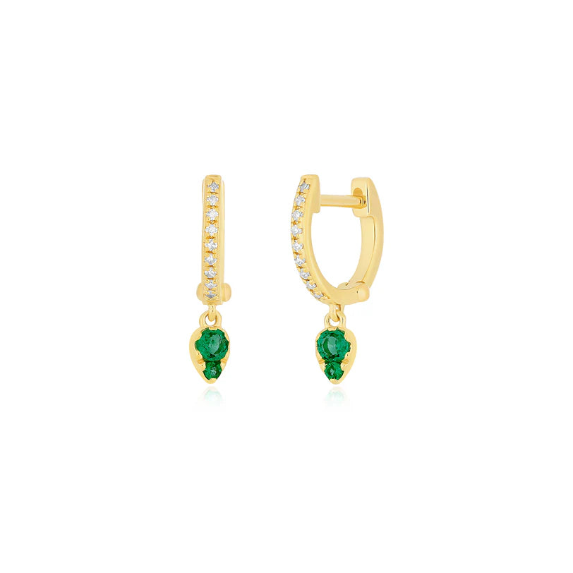 EF Collection Emerald Teardrop Diamond Mini Huggie Earring in yellow gold on a white background. 