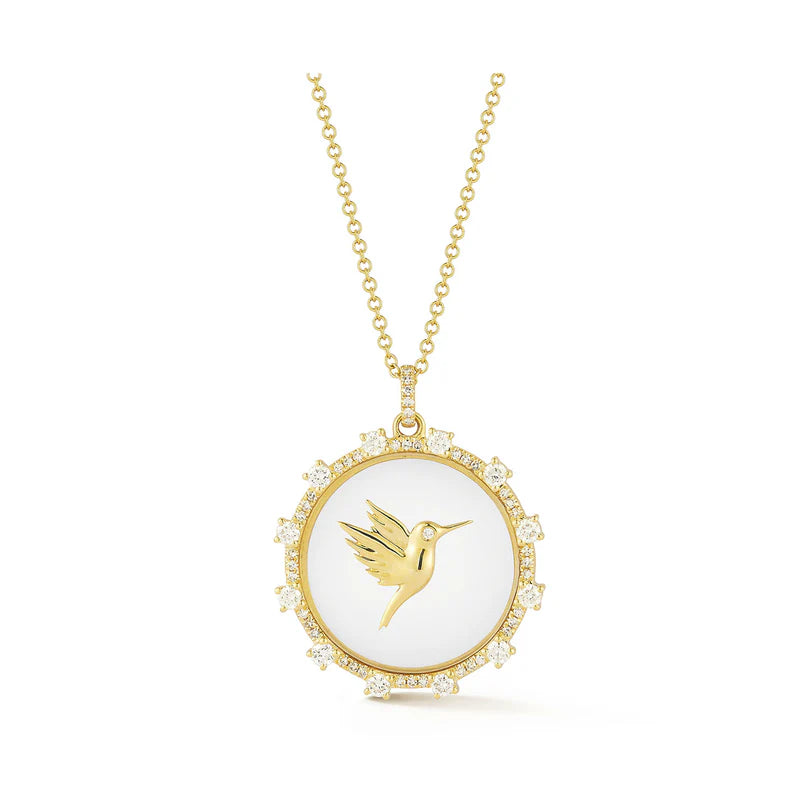 EF Collection Floating Hummingbird Necklace in yellow gold on white background.  