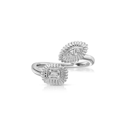 EF-Collection Fluted Emerald Cut and Marquise Diamond Wrap Ring in white gold on white background 