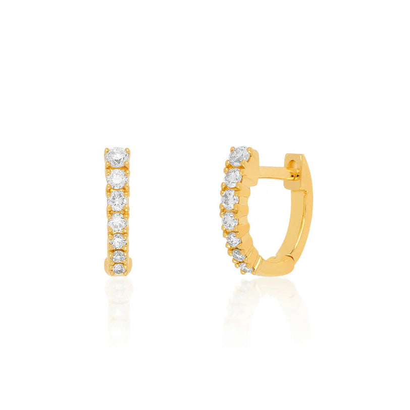 EF Collection Full Cut Diamond Arc Mini Huggie Earring in yellow gold on white background. 