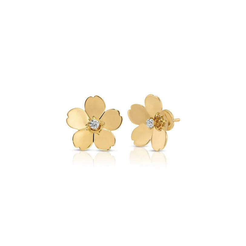 EF Collection Gold and Diamond Jumbo Cherry Blossom Stud Earrings in yellow gold displayed on white background.