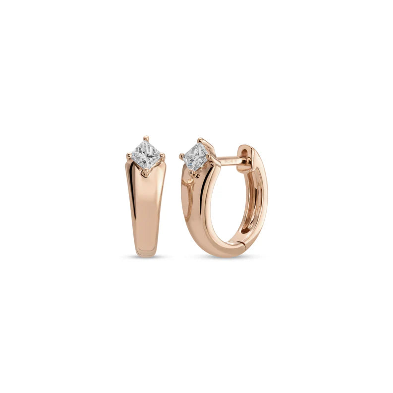 EF Collection Gold and Diamond Kate Huggie Earrings in rose gold on white background. 