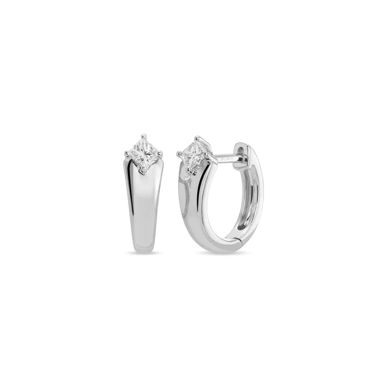 EF Collection Gold and Diamond Kate Huggie Earrings in white gold on white background. 