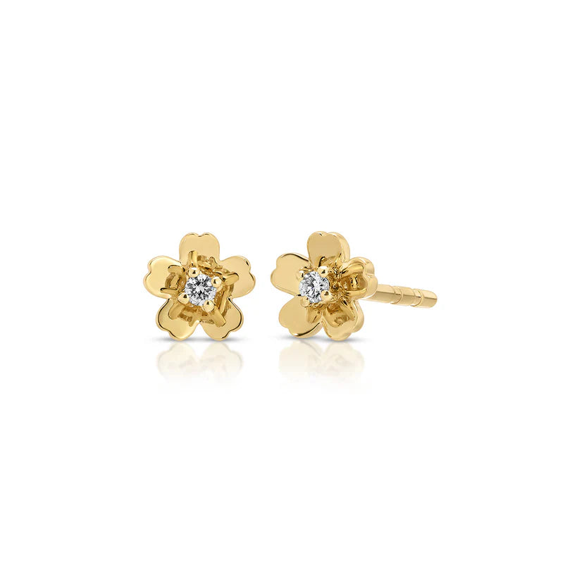 EF Collection Gold and Diamond Mini Cherry Blossom Stud Earring in yellow gold on white background