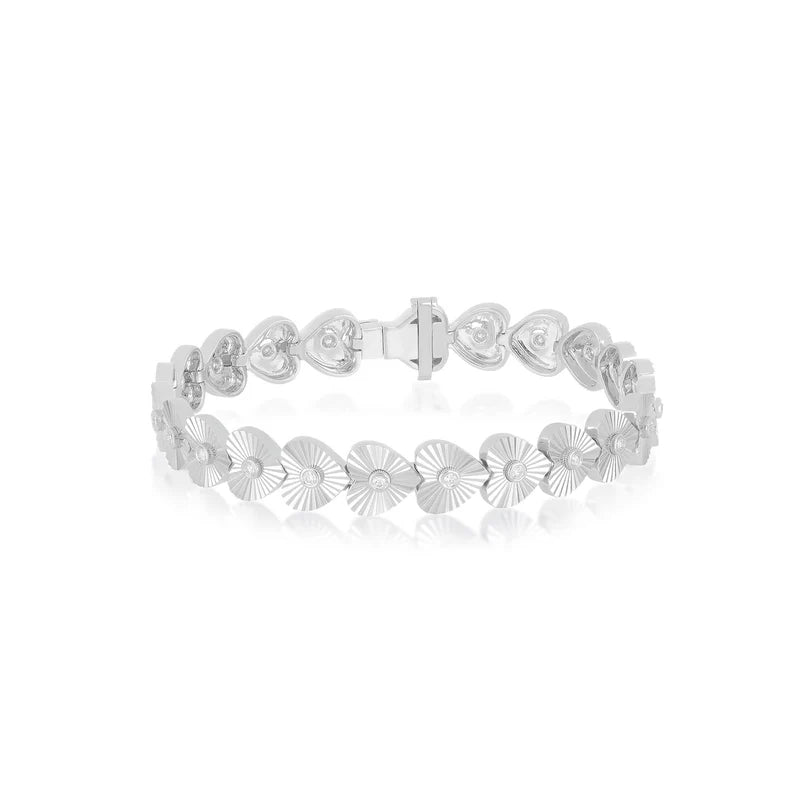 EF Collection Gold & Diamond Fluted Heart Eternity Bracelet in white gold on white background. 
