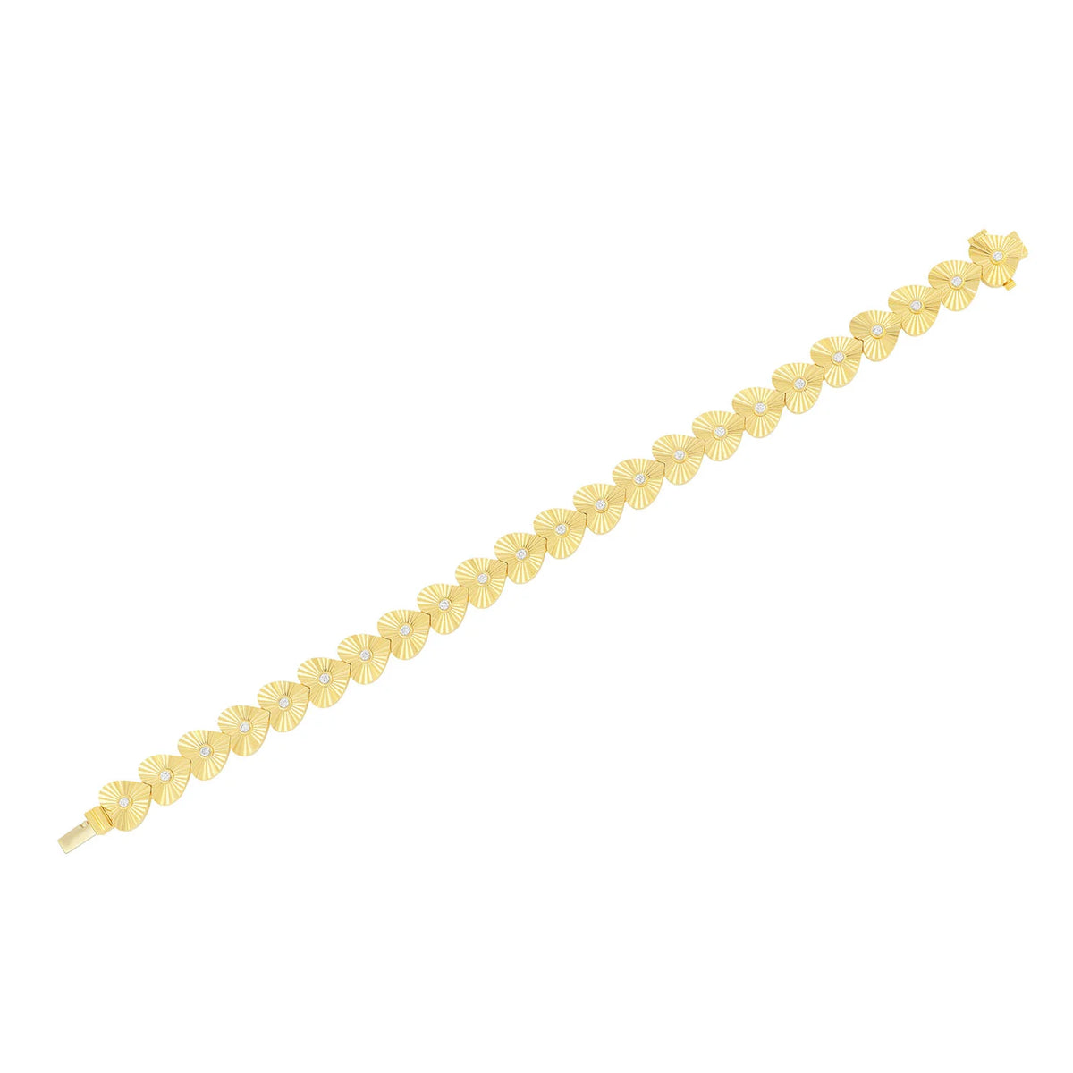 Full photo of EF Collection Gold & Diamond Fluted Heart Eternity Bracelet in yellow gold on white background. 