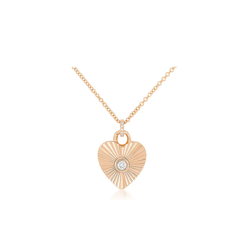 EF Collection Gold & Diamond Fluted Heart Necklace in rose gold on white background. 