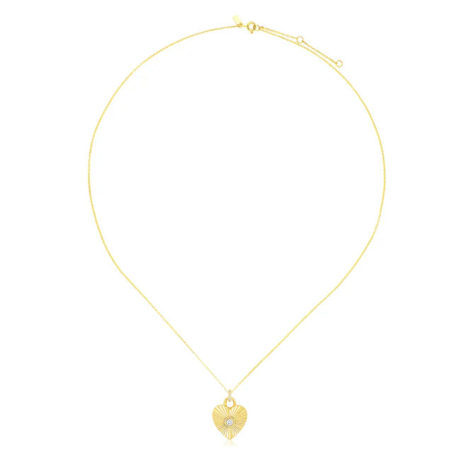 Full photo of EF Collection Gold & Diamond Fluted Heart Necklace in yellow gold on white background. 