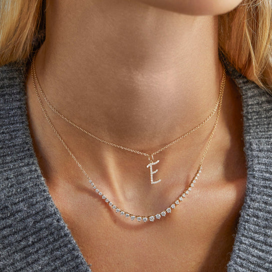 EF-Collection Gold Every Length Initial Chain Necklace in yellow gold styled on models neck with diamond necklace