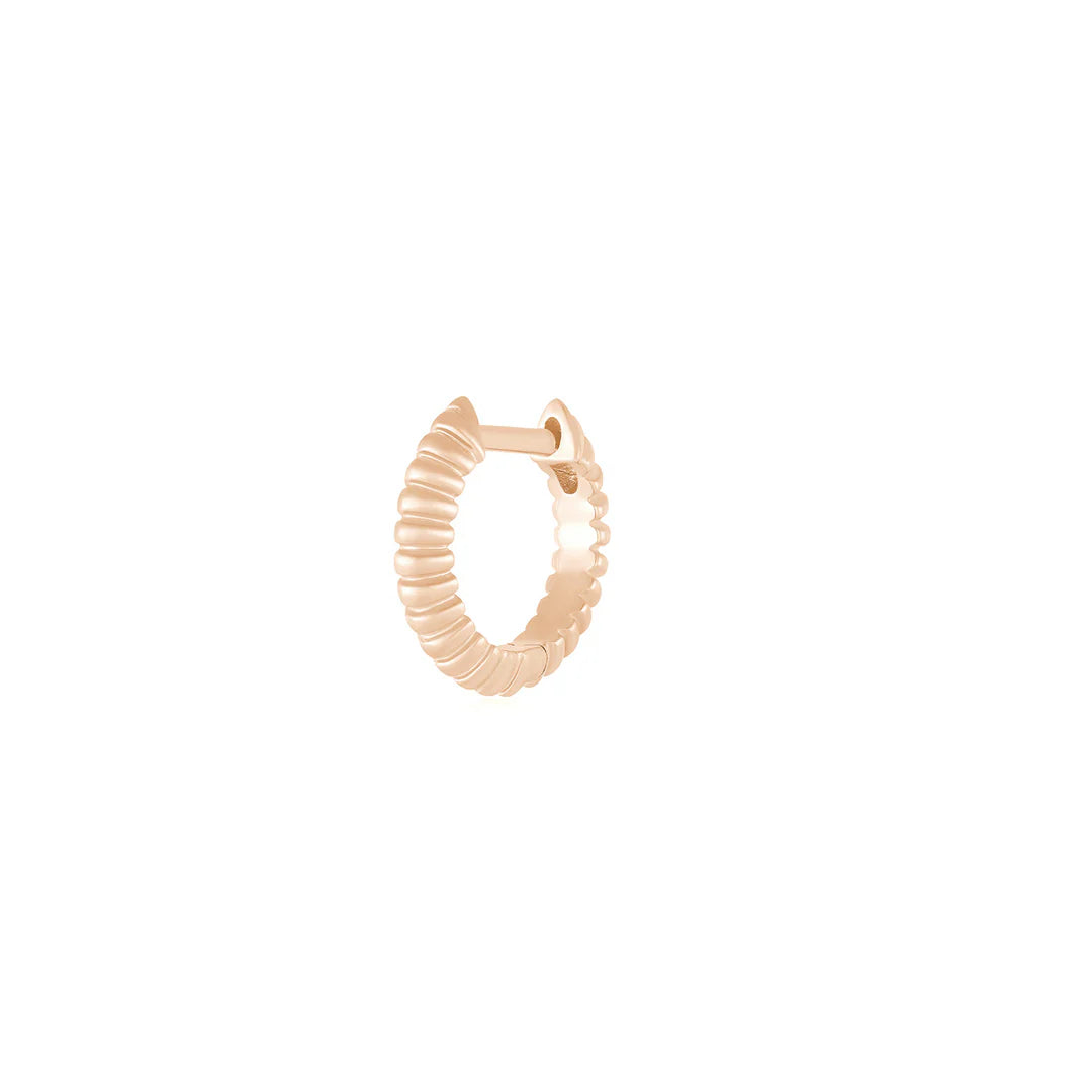 Single EF-Collection Gold Fluted Knife Edge Mini Huggie Earrings in rose gold on white background 