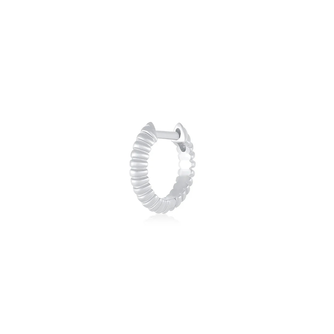 Single EF-Collection Gold Fluted Knife Edge Mini Huggie Earrings in white gold on white background 
