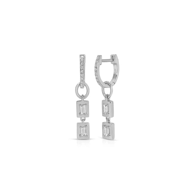 EF Collection Gold Frame Double Baguette Diamond Huggie Charm on Diamond Mini Huggie Earring in white gold displayed on a white background 