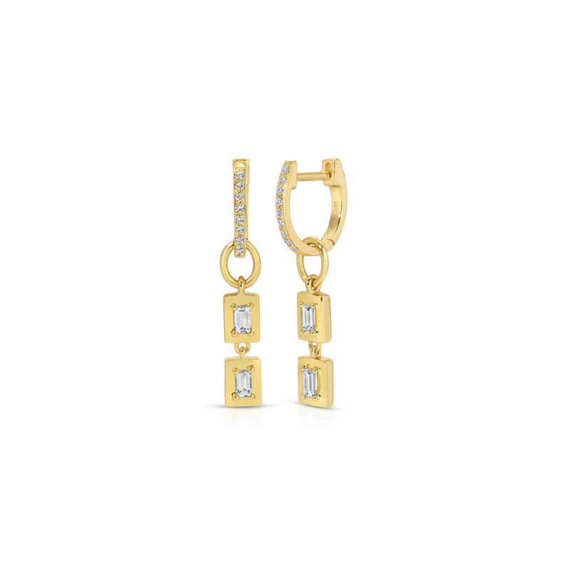 EF Collection Gold Frame Double Baguette Diamond Huggie Charm on Diamond Mini Huggie Earring in yellow gold displayed on a white background 