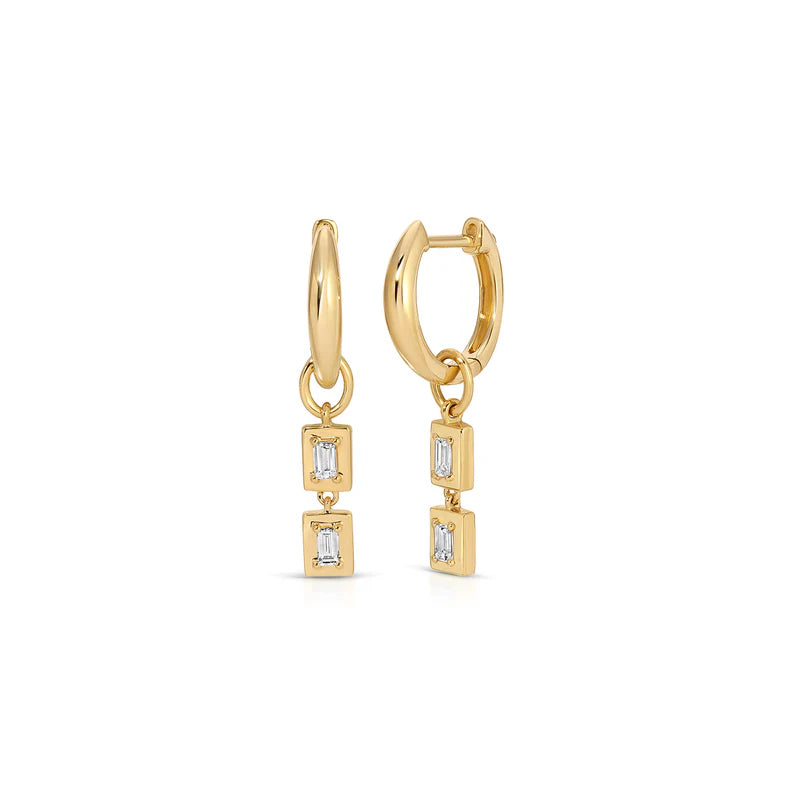 EF Collection Gold Frame Double Baguette Diamond Huggie Charm on Gold Dome Huggie Earring in yellow gold on white background.  