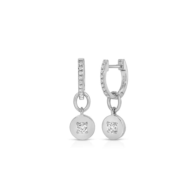 EF Collection Gold Frame Round Diamond Huggie Charm On Diamond Mini Huggie Earring in white gold displayed on white background. 