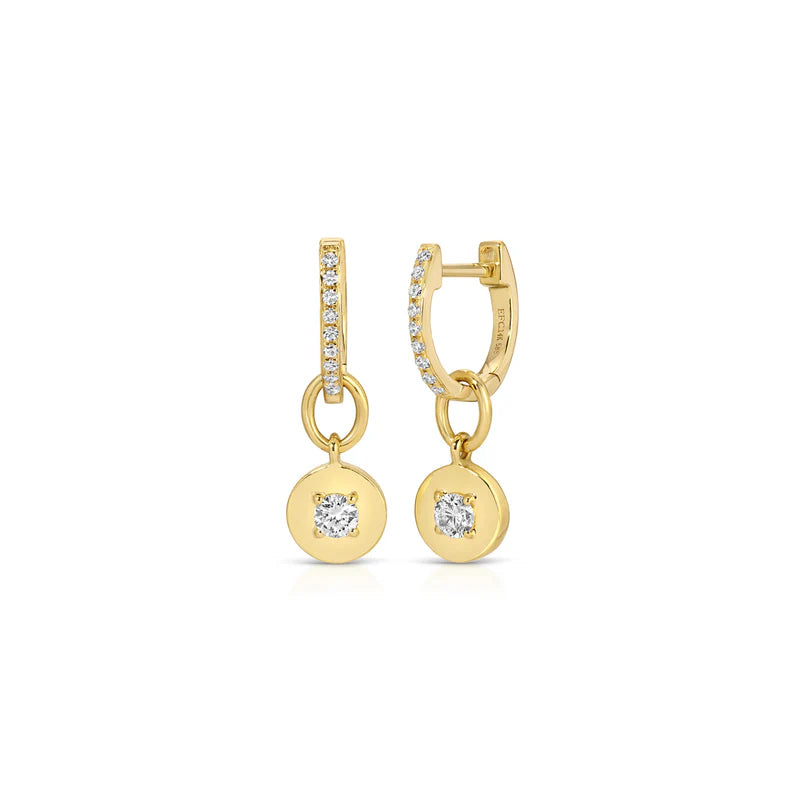 EF Collection Gold Frame Round Diamond Huggie Charm On Diamond Mini Huggie Earring in yellow gold displayed on white background. 
