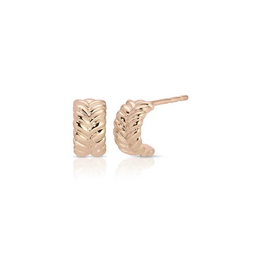 EF-Collection Gold Herringbone Mini Huggies in rose gold on white background 