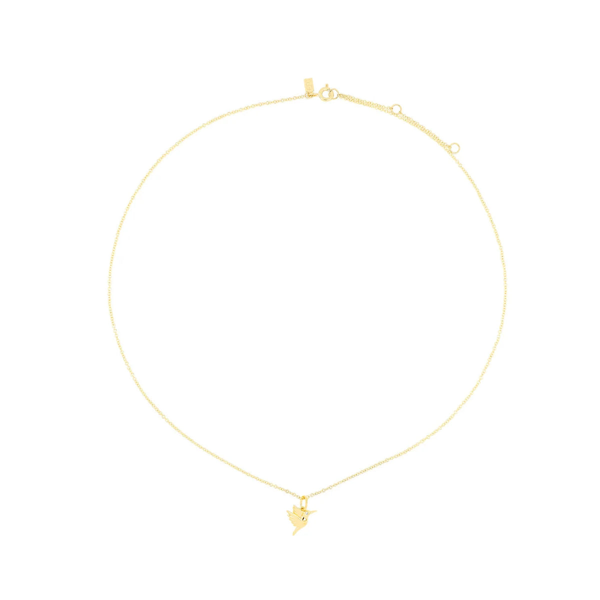 Full shot of EF-Collection Gold Hummingbird Charm Necklace in yellow gold on white background 