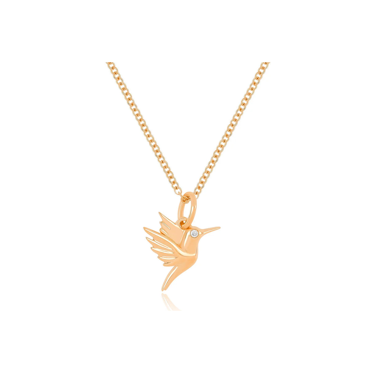 EF-Collection Gold Hummingbird Charm Necklace in rose gold on white background 