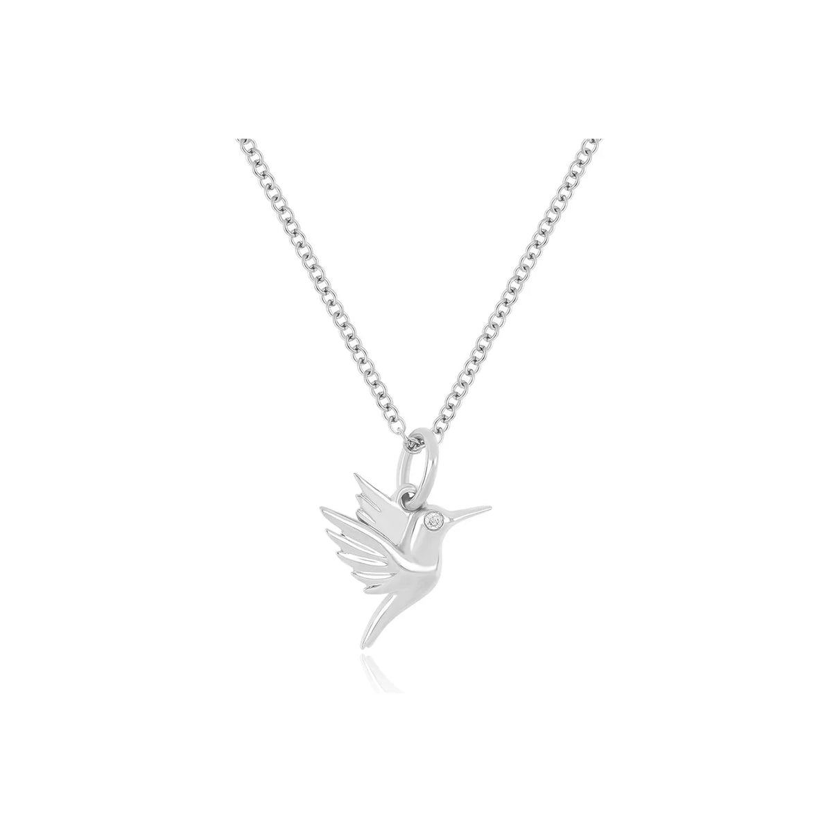 EF-Collection Gold Hummingbird Charm Necklace in white gold on white background 