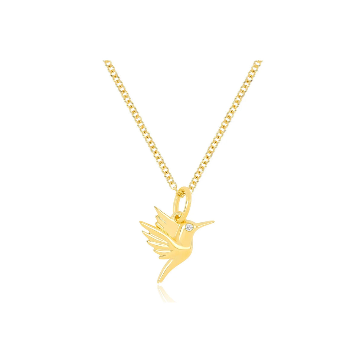 EF-Collection Gold Hummingbird Charm Necklace in yellow gold on white background 