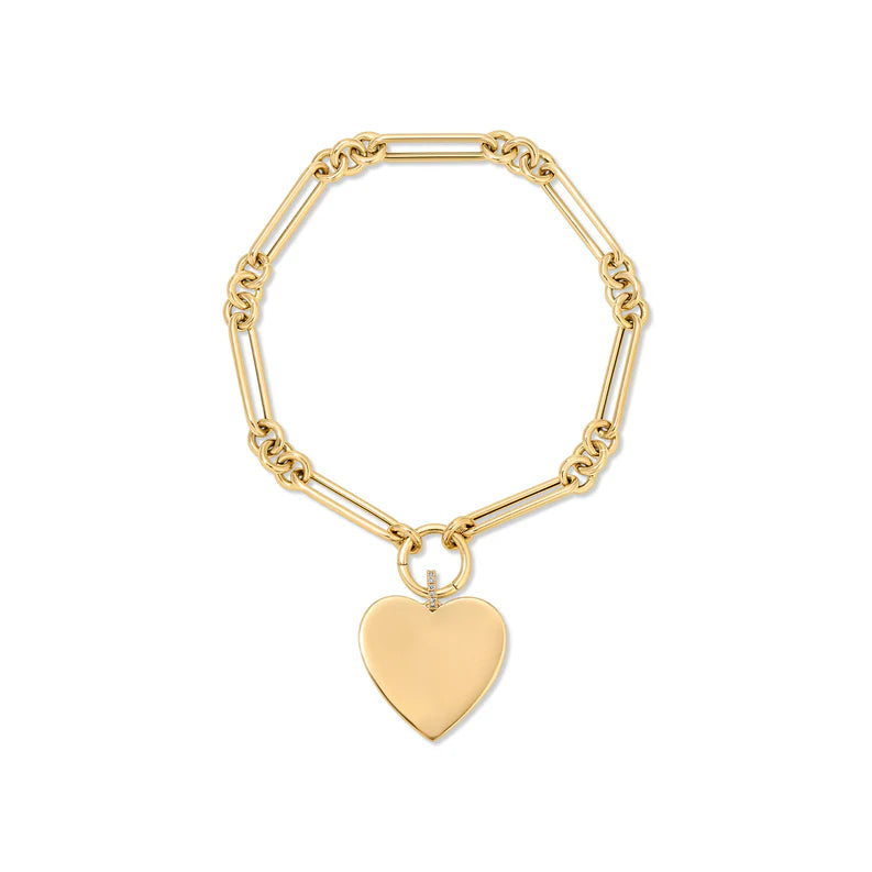 EF Collection Gold Jumbo Heart Charm Bracelet in yellow gold on white background.