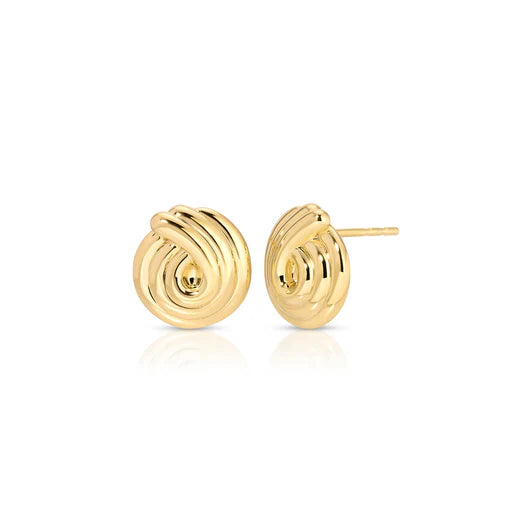 EF-Collection Gold Swirl Stud Earrings in yellow gold on white background 