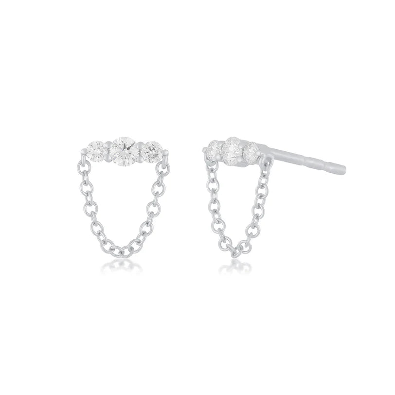 EF Collection Graduated Diamond Bar Chain Stud Earring in white gold on white background. 