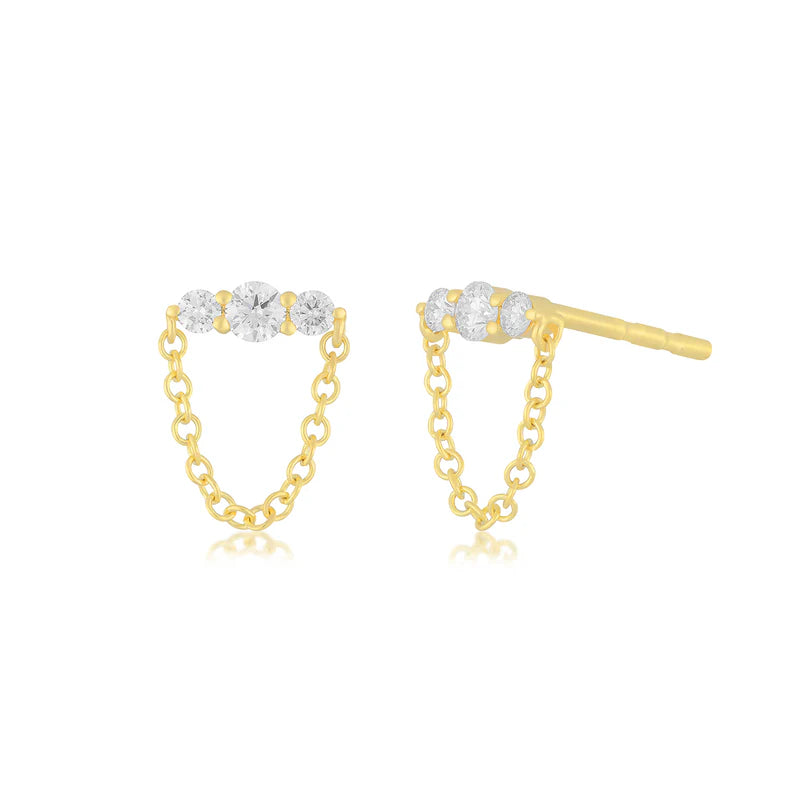 EF Collection Graduated Diamond Bar Chain Stud Earring in yellow gold on white background. 