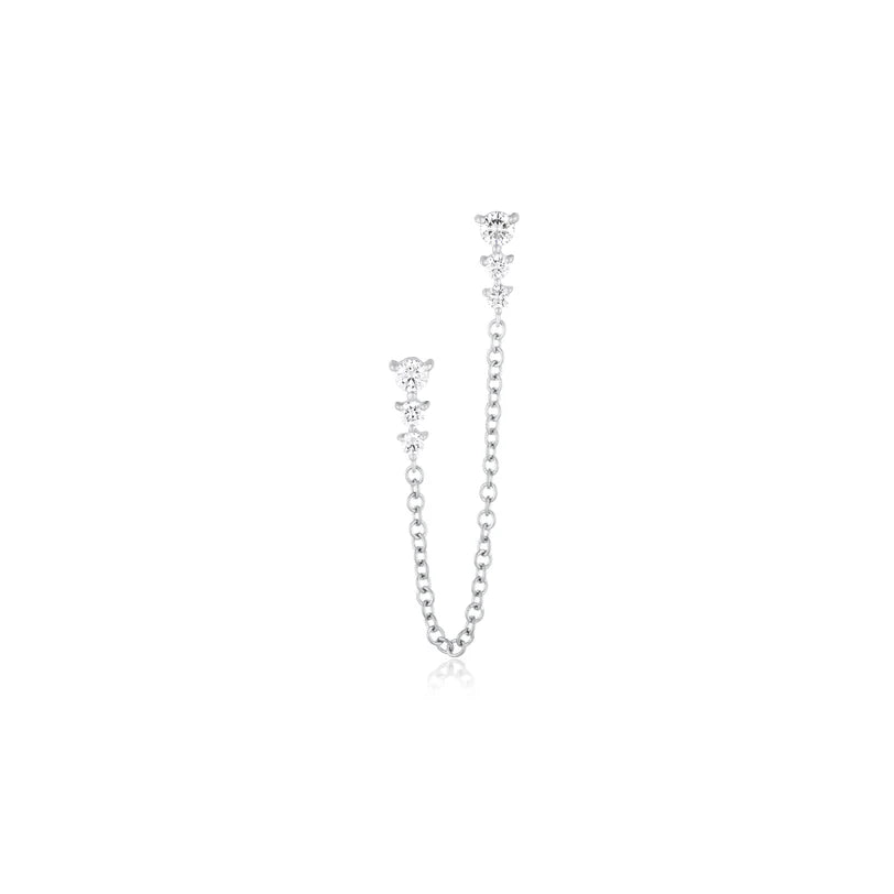 Ef collection Graduated Diamond Double Chain Stud Earring in white gold on white background.