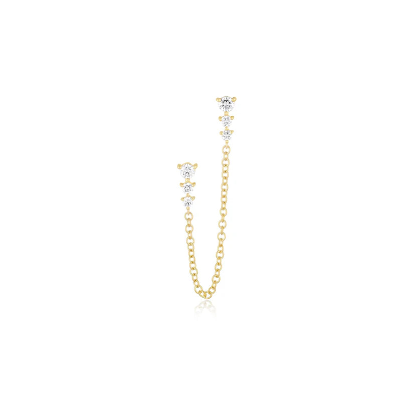 Ef collection Graduated Diamond Double Chain Stud Earring in yellow gold on white background. 