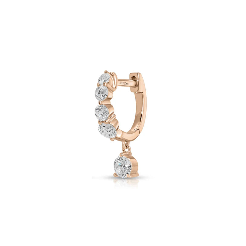 Single EF Collection Graduated Diamond Drop Mini Huggie Earrings in rose gold on white background. 