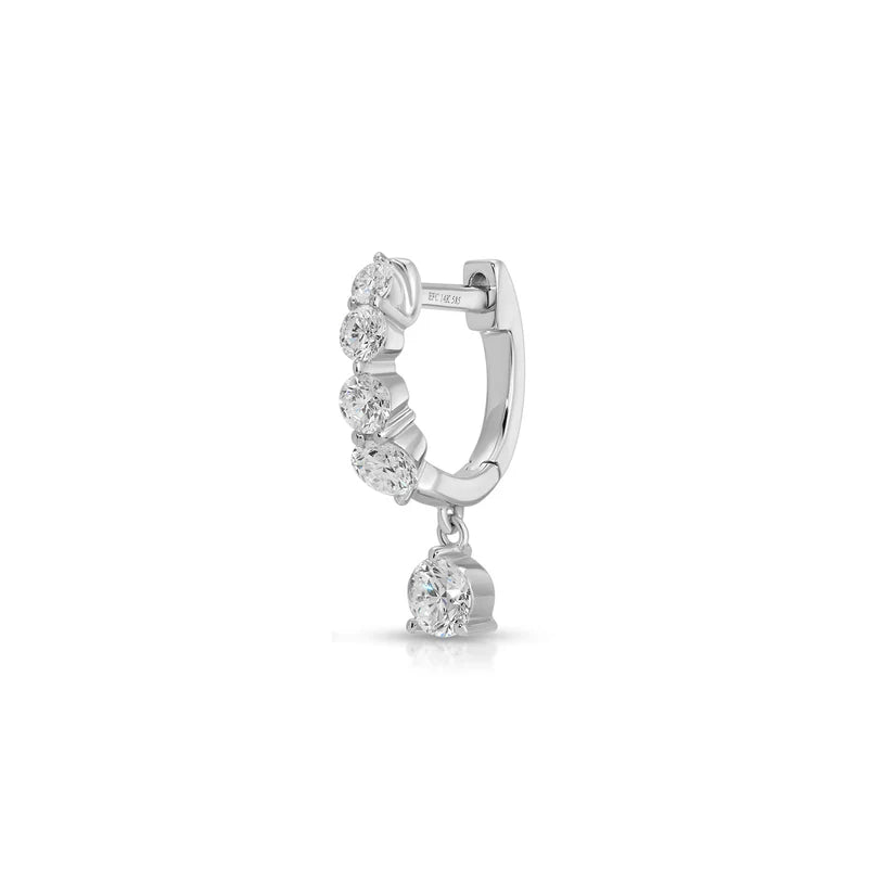 Single EF Collection Graduated Diamond Drop Mini Huggie Earrings in white gold on white background. 