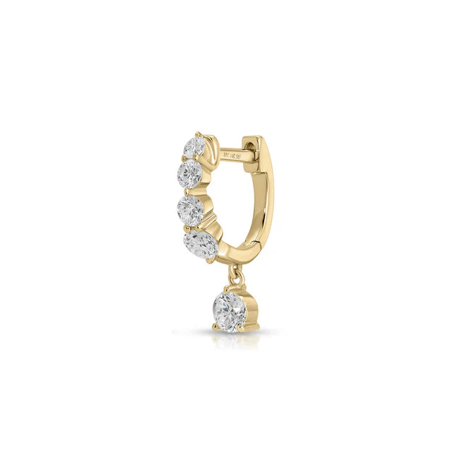 Single EF Collection Graduated Diamond Drop Mini Huggie Earrings in yellow gold on white background. 
