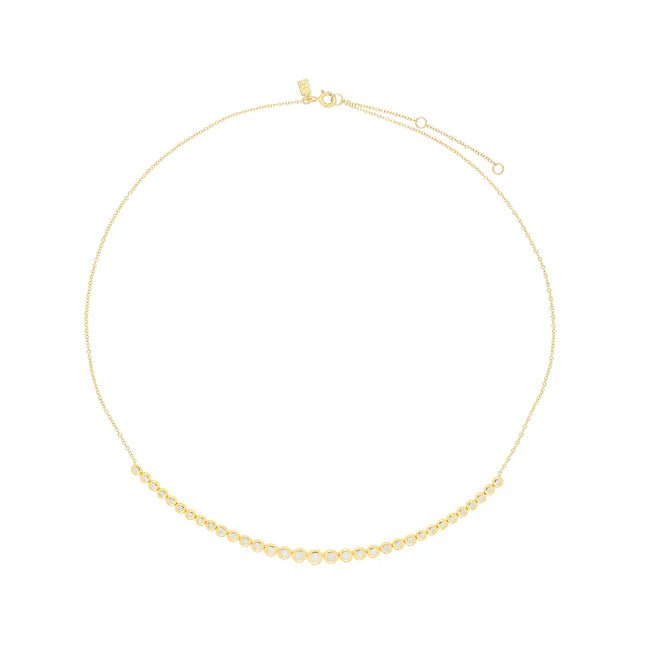 Complete photo of EF Collection Graduated Diamond Pillow Necklace in yellow gold on white background. 