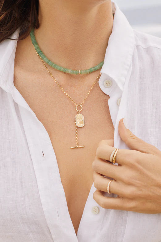 Close up of EF Collection Green Aventurine Rondelle Bead Necklace in yellow gold on models neck