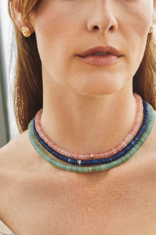 EF Collection Green Aventurine Rondelle Bead Necklace in yellow gold layered on models neck. 