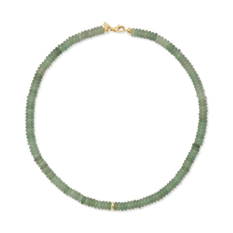 EF Collection Green Aventurine Rondelle Bead Necklace in yellow gold on white background. 