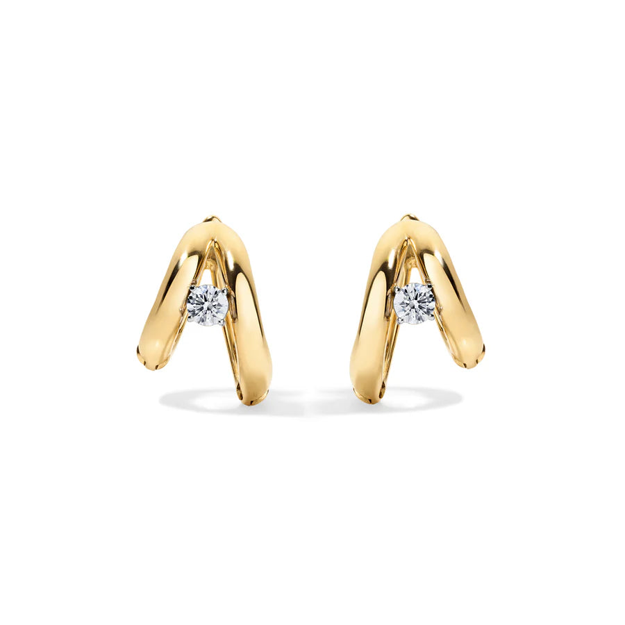 Rosario Navia Helium Diamond Hoops - Round Brilliant in yellow gold on white background with both earrings facing the front 