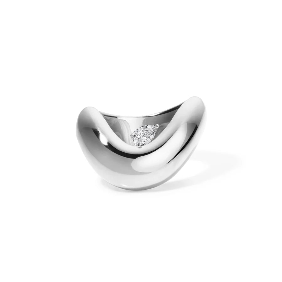 Rosario Navia Helium Large Ring Pear Diamond in white gold on white background 