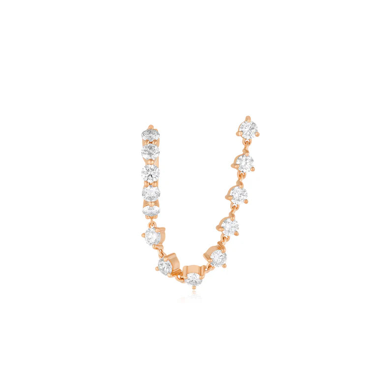 EF Collection Jumbo Diamond Mini Huggie and Prong Set Chain Stud Earring in rose gold on a white background. 