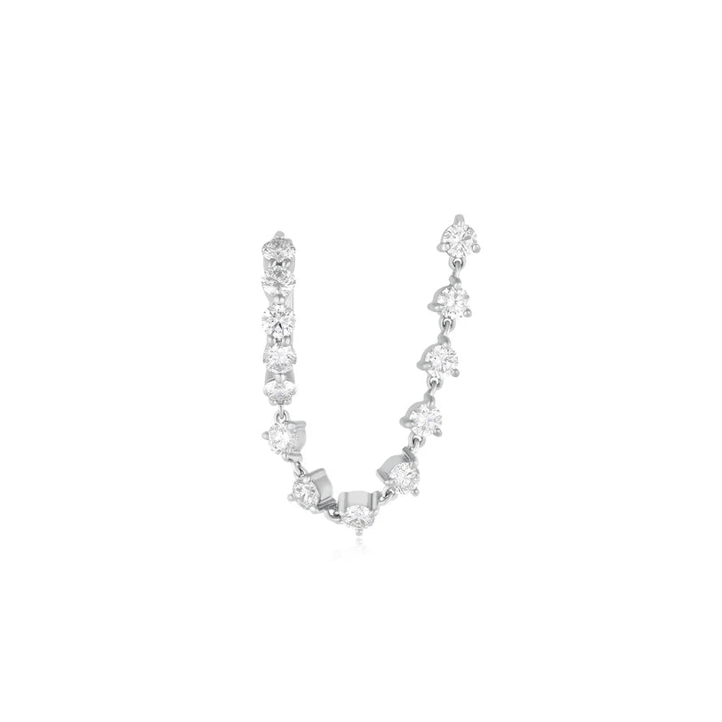 EF Collection Jumbo Diamond Mini Huggie and Prong Set Chain Stud Earring in white gold on a white background. 