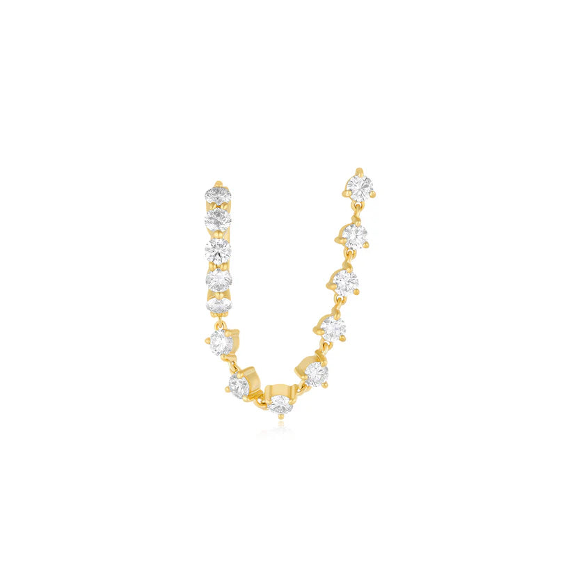 EF Collection Jumbo Diamond Mini Huggie and Prong Set Chain Stud Earring in yellow gold on a white background. 