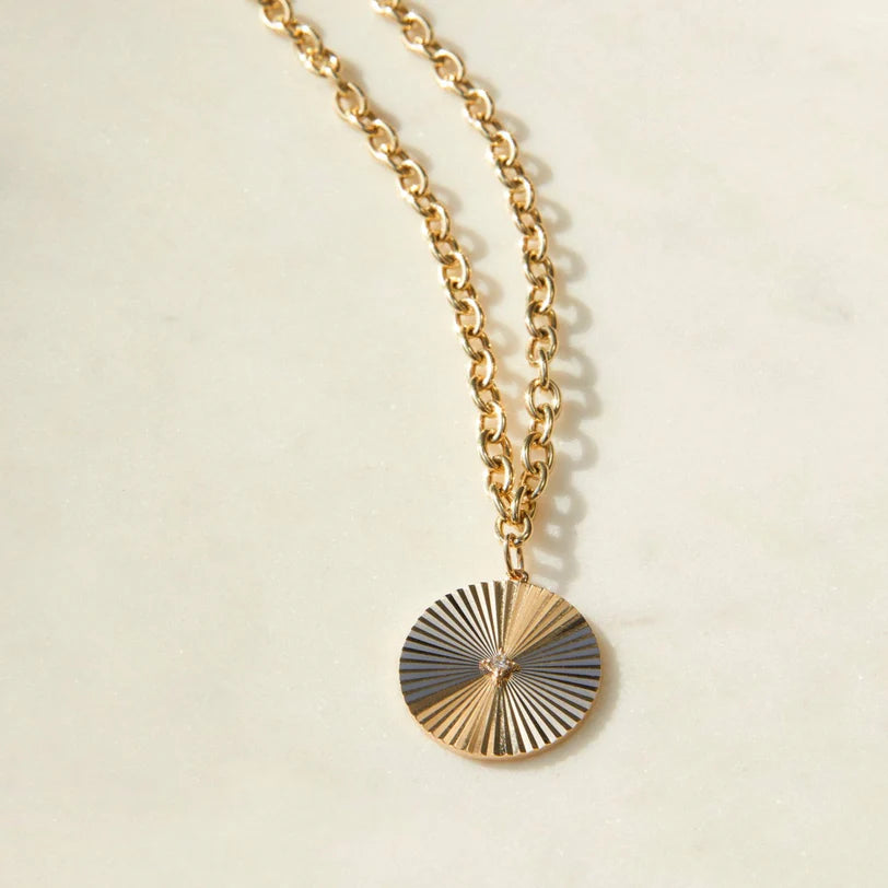 Close up of EF Collection Jumbo Gold & Diamond Fluted Disc Chain Necklace in yellow gold on white background. 