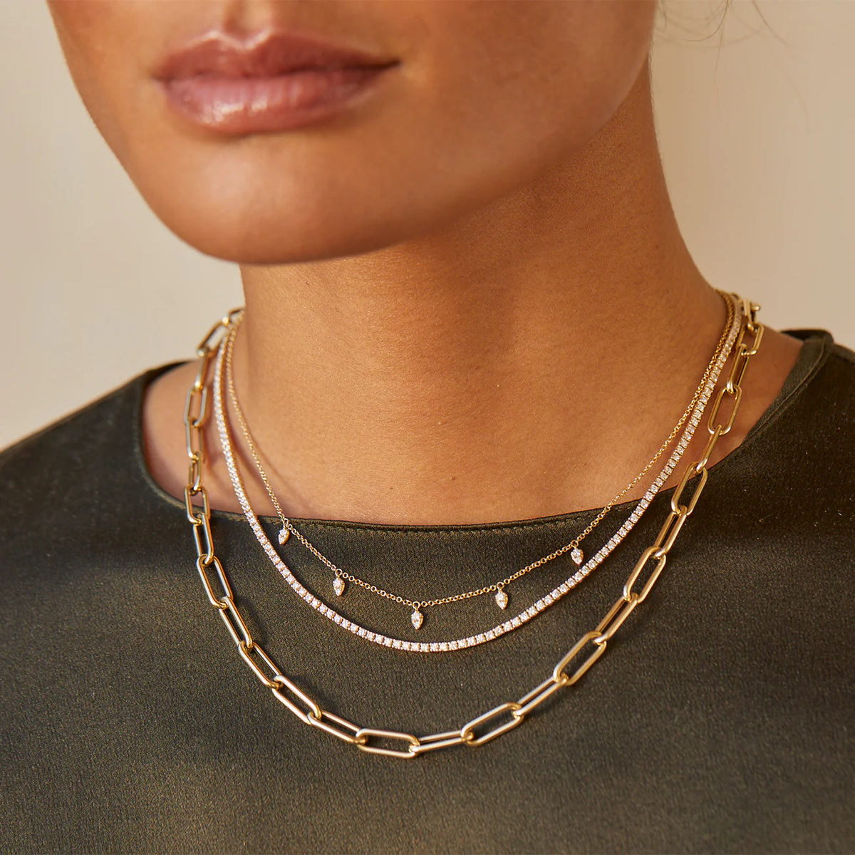 EF-Collection Jumbo Lola Chain Necklace in yellow gold styled on models neck with diamond tennis necklace 